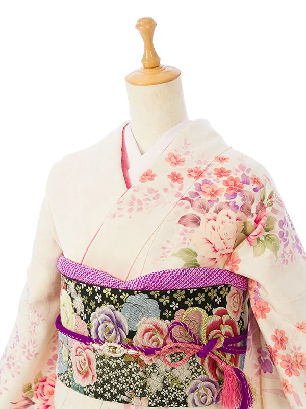 振袖 5S640 白地 紫ぼかし 薔薇と小花