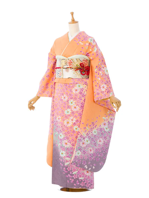 振袖 5S780 ｵﾚﾝｼﾞ/黄色地 桜 秋桜