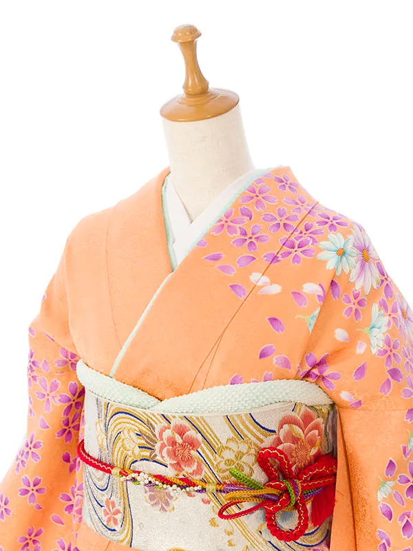 振袖 5S780 ｵﾚﾝｼﾞ/黄色地 桜 秋桜