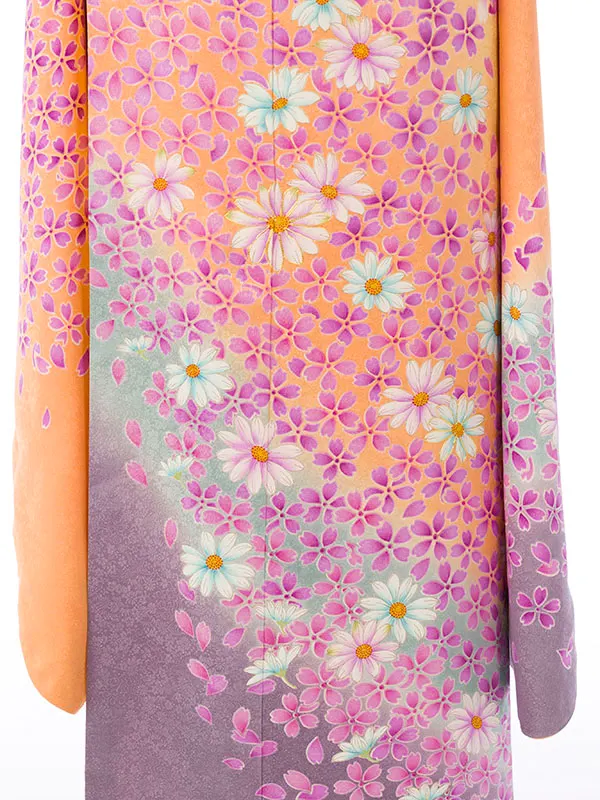 振袖 5S780 ｵﾚﾝｼﾞ/黄色地 桜 秋桜