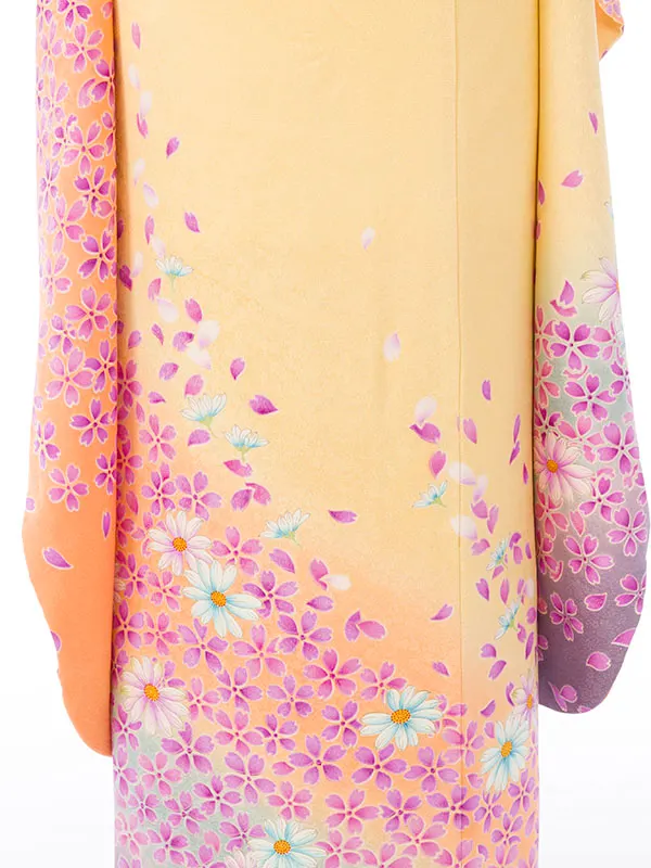 振袖 5S780 ｵﾚﾝｼﾞ/黄色地 桜 秋桜