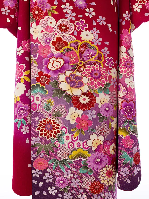 振袖 6S068 赤地ﾗﾒ 桜 牡丹 裾紫