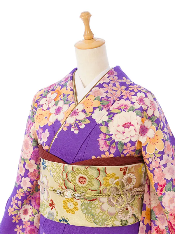 振袖 6S247 紫地 ﾗﾒ織 牡丹と桜
