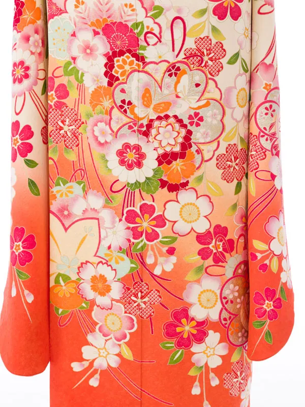 振袖 1S1564 ｸﾘｰﾑ裾ｵﾚﾝｼﾞ 華文 蝶 鞠