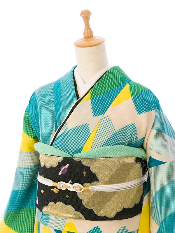 振袖 1S3167A ﾓﾀﾞﾝｱﾝﾃﾅ ｸﾞﾘｰﾝ黄色立涌