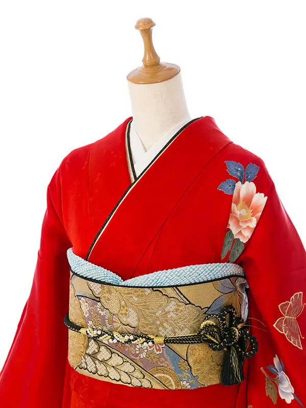 振袖 3S316 赤 桜地紋 牡丹 蝶 金彩