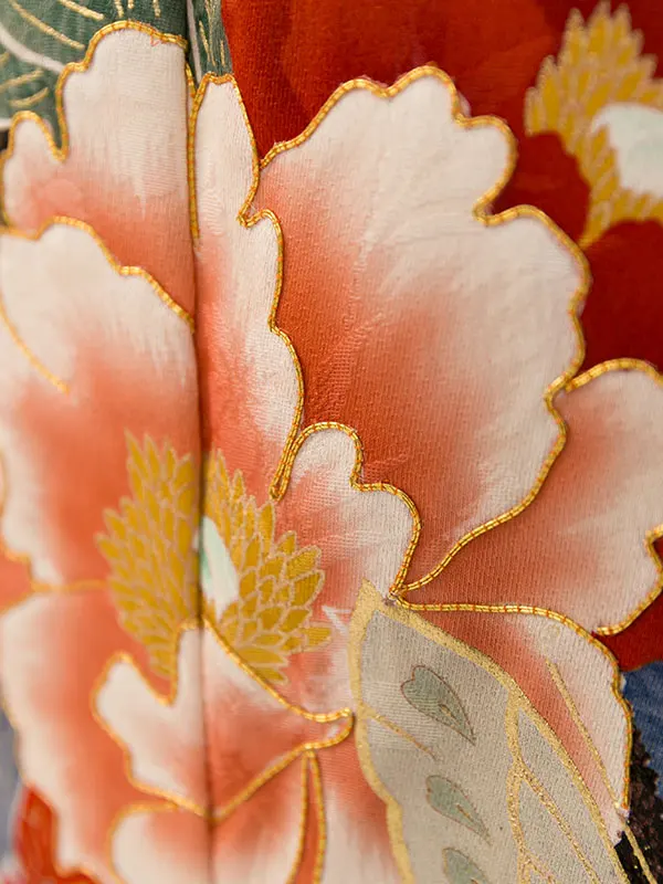 振袖 3S316 赤 桜地紋 牡丹 蝶 金彩