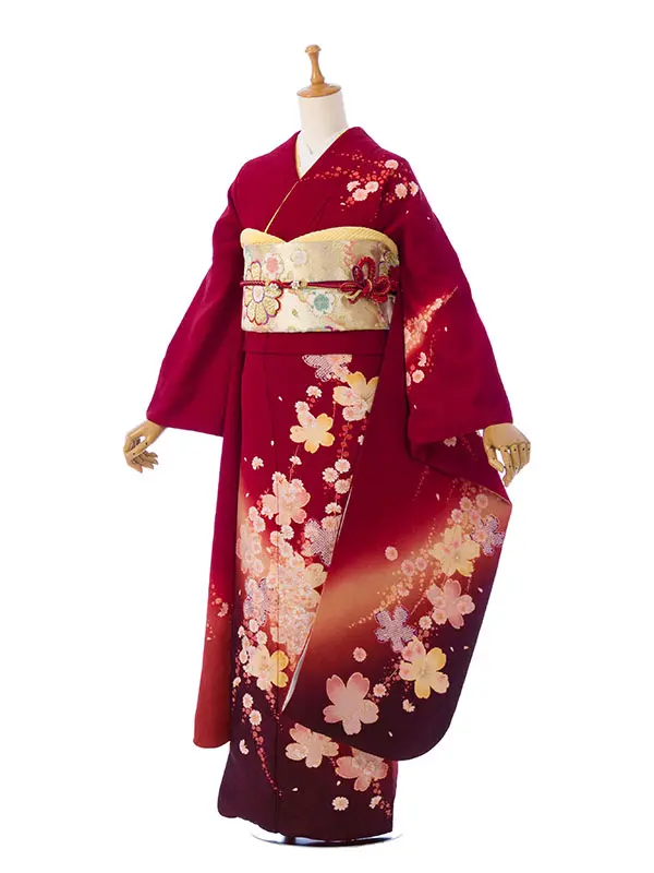 振袖 5S154 えんじ 絞り桜  枝垂れ桜