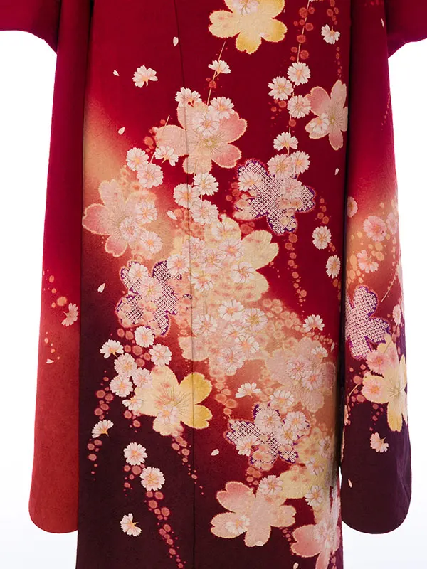 振袖 5S154 えんじ 絞り桜  枝垂れ桜