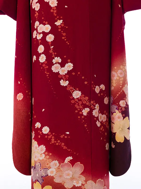 振袖 5S154 えんじ 絞り桜  枝垂れ桜