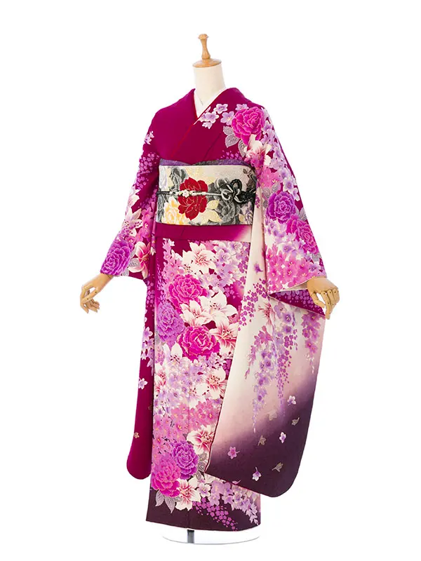 振袖 6S897 ﾜｲﾝ/白 百合 牡丹