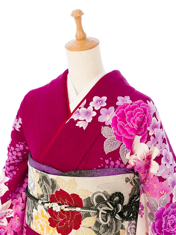 振袖 6S897 ﾜｲﾝ/白 百合 牡丹