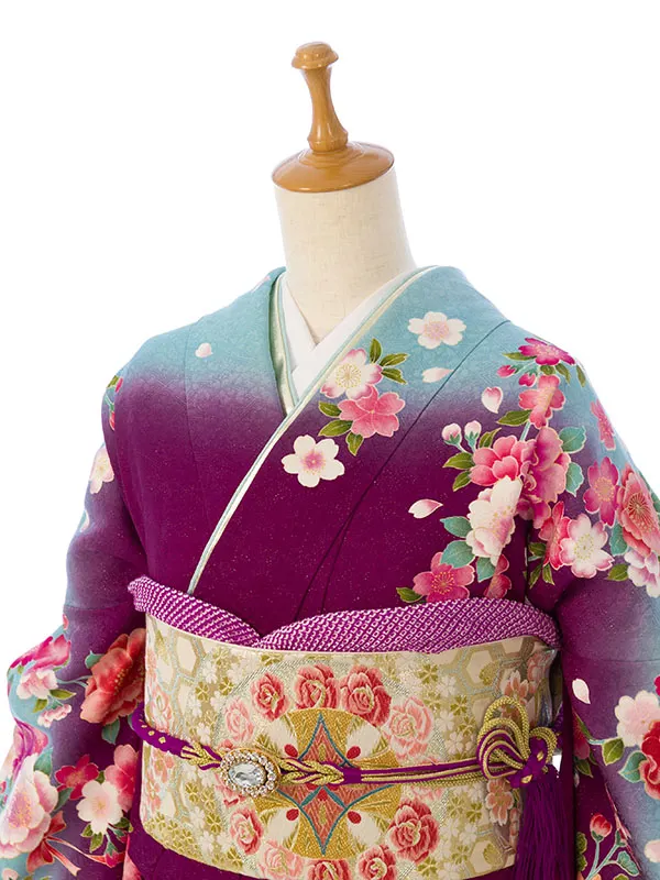 振袖 8S198 紫地ﾗﾒ織 水色ぼかし 裾ｸﾘｰﾑ 四季花に流水