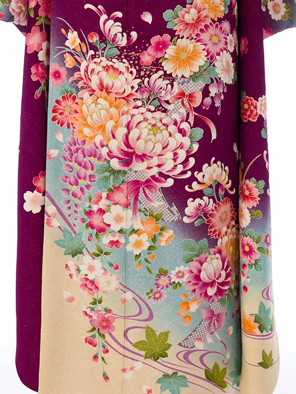 振袖 8S198 紫地ﾗﾒ織 水色ぼかし 裾ｸﾘｰﾑ 四季花に流水
