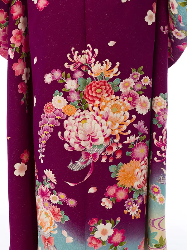 振袖 8S198 紫地ﾗﾒ織 水色ぼかし 裾ｸﾘｰﾑ 四季花に流水