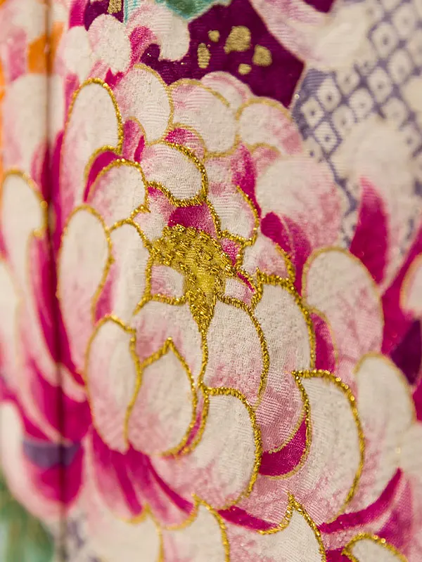 振袖 8S198 紫地ﾗﾒ織 水色ぼかし 裾ｸﾘｰﾑ 四季花に流水