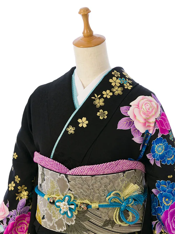 振袖 8S234 黒/青地 ﾚｰｽ 薔薇 金彩