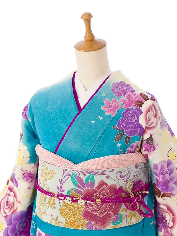 振袖 6S845 ﾌﾞﾙｰ/ﾛｰｽﾞP ﾊﾞﾗに八重桜