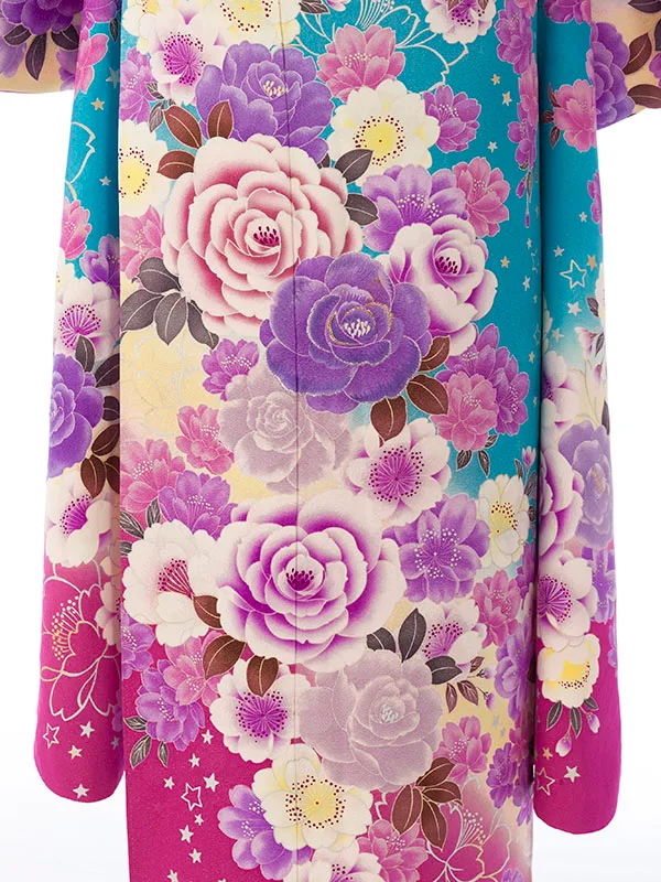 振袖 6S845 ﾌﾞﾙｰ/ﾛｰｽﾞP ﾊﾞﾗに八重桜