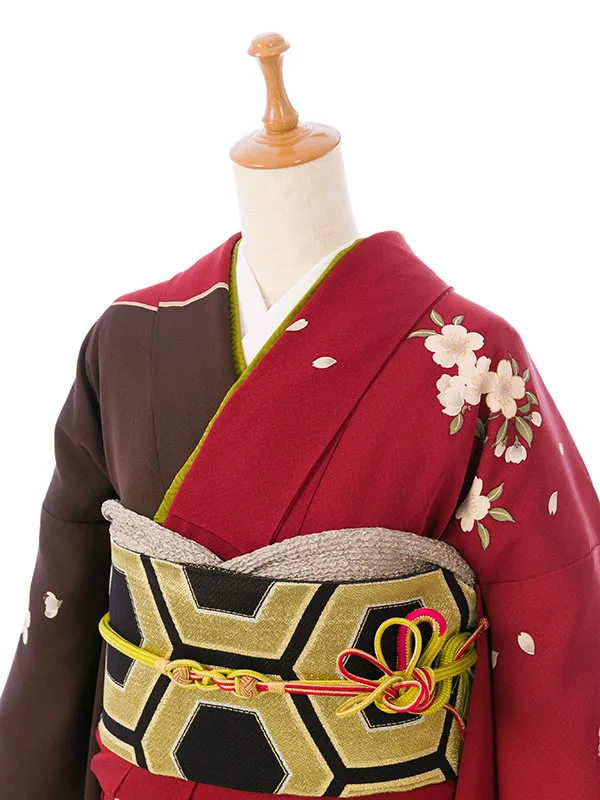 振袖 4S416 こげ茶/赤茶染め分け 御所車