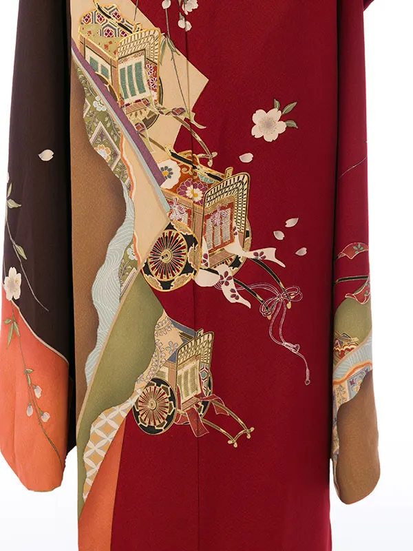 振袖 4S416 こげ茶/赤茶染め分け 御所車