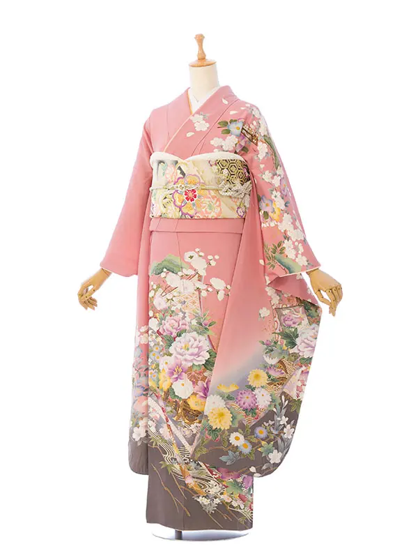 振袖 4S244 ﾋﾟﾝｸ地裾ｸﾞﾚ- 熨斗に花車 四季花