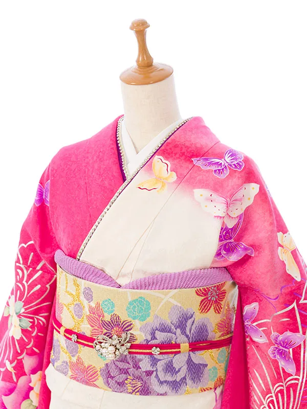 振袖 7S250 ピンク×白ﾗﾒ織 薔薇 金彩