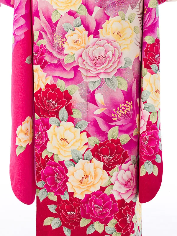 振袖 7S250 ピンク×白ﾗﾒ織 薔薇 金彩