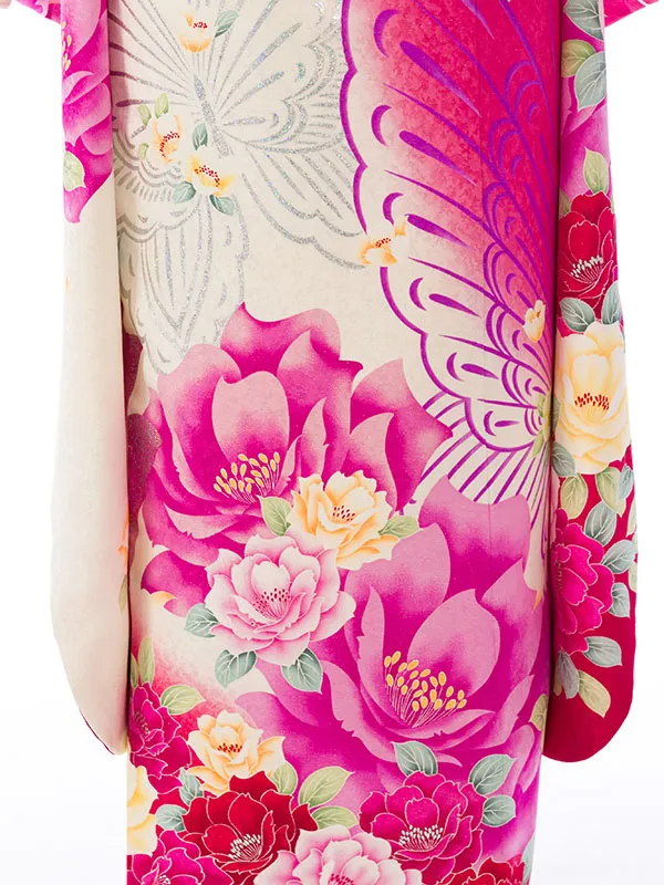 振袖 7S250 ピンク×白ﾗﾒ織 薔薇 金彩