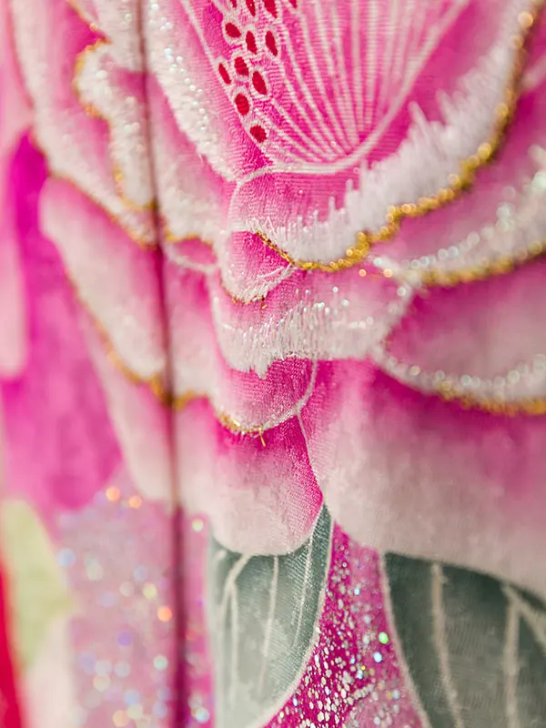 振袖 7S250 ピンク×白ﾗﾒ織 薔薇 金彩