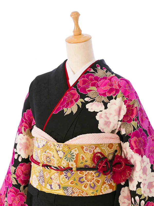 振袖 6S192 黒地 裾白 ﾋﾟﾝｸ花 八重桜