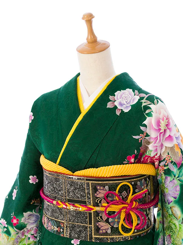 振袖 7S217 緑地 牡丹 薔薇 ﾌﾞｰｹ