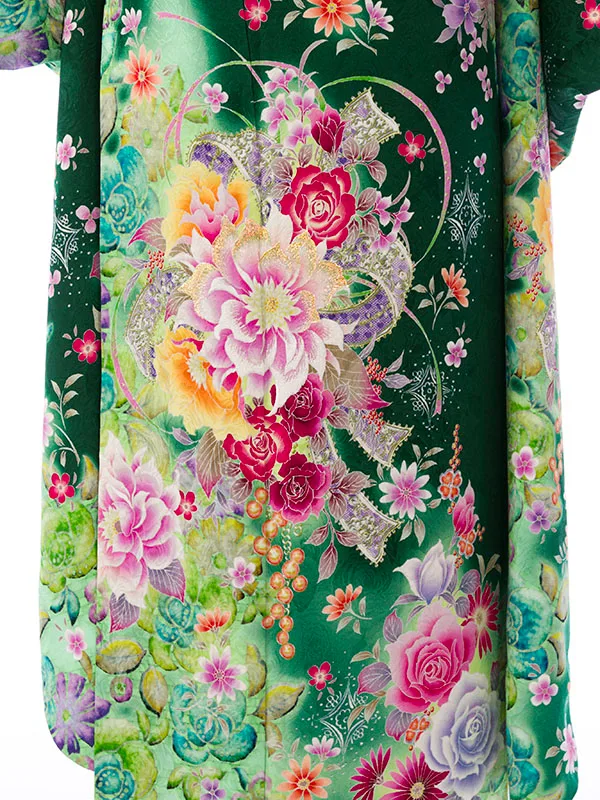 振袖 7S217 緑地 牡丹 薔薇 ﾌﾞｰｹ