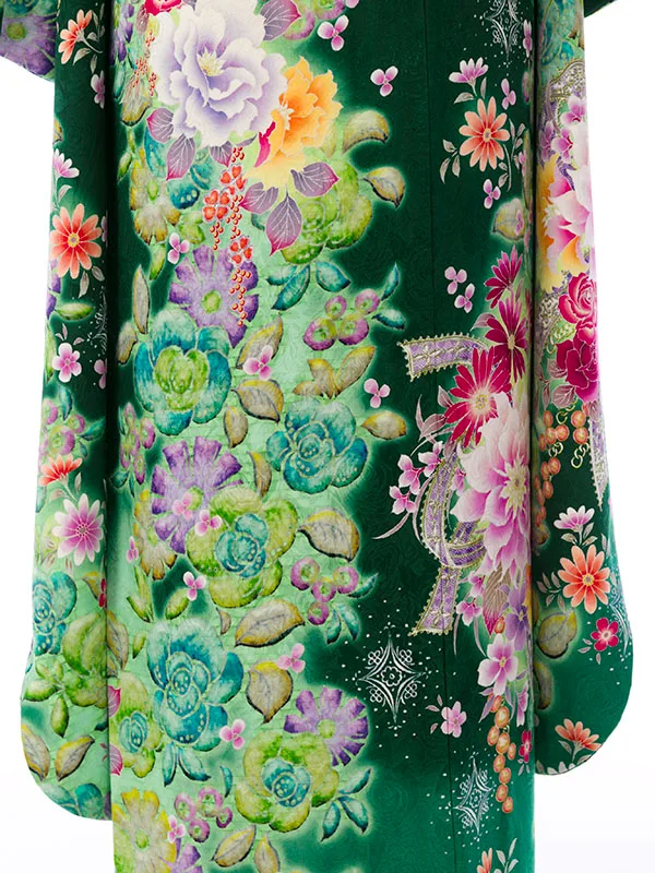 振袖 7S217 緑地 牡丹 薔薇 ﾌﾞｰｹ