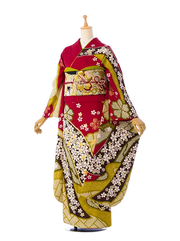 振袖 6S749 赤地 熨斗に桜 絞り柄 金彩