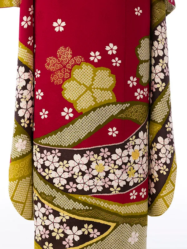 振袖 6S749 赤地 熨斗に桜 絞り柄 金彩