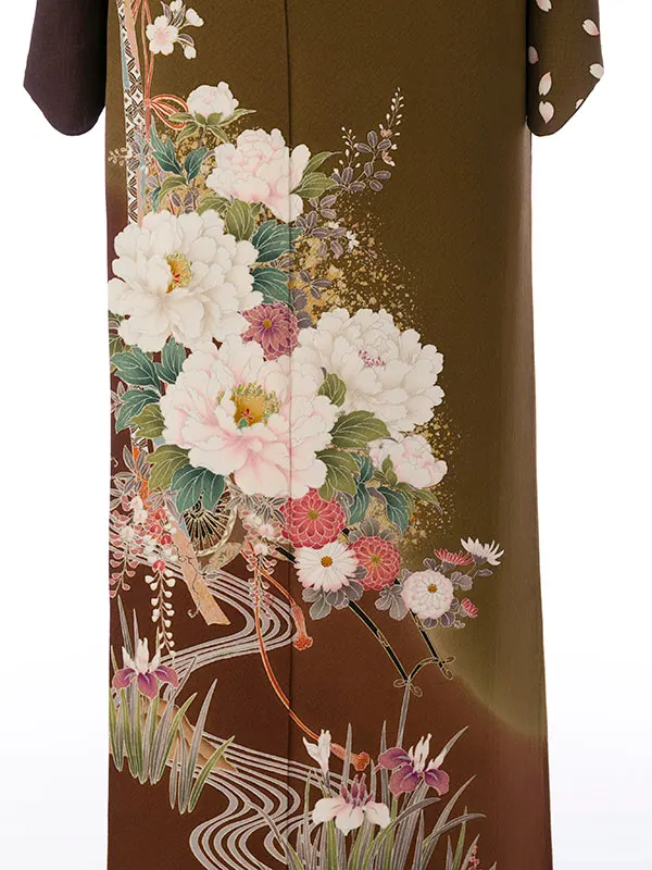 訪問着 2L612 ﾓｽｸﾞﾘｰﾝ/茶色 花車 菖蒲