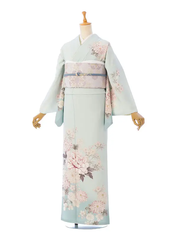 訪問着 HAD2878 くすみ水色ぼかし 牡丹 桜菊