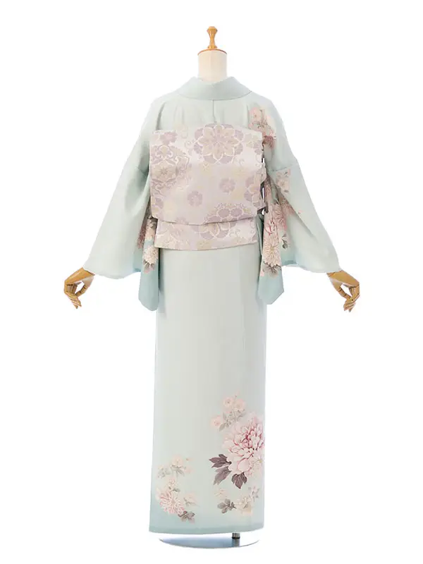 訪問着 HAD2878 くすみ水色ぼかし 牡丹 桜菊