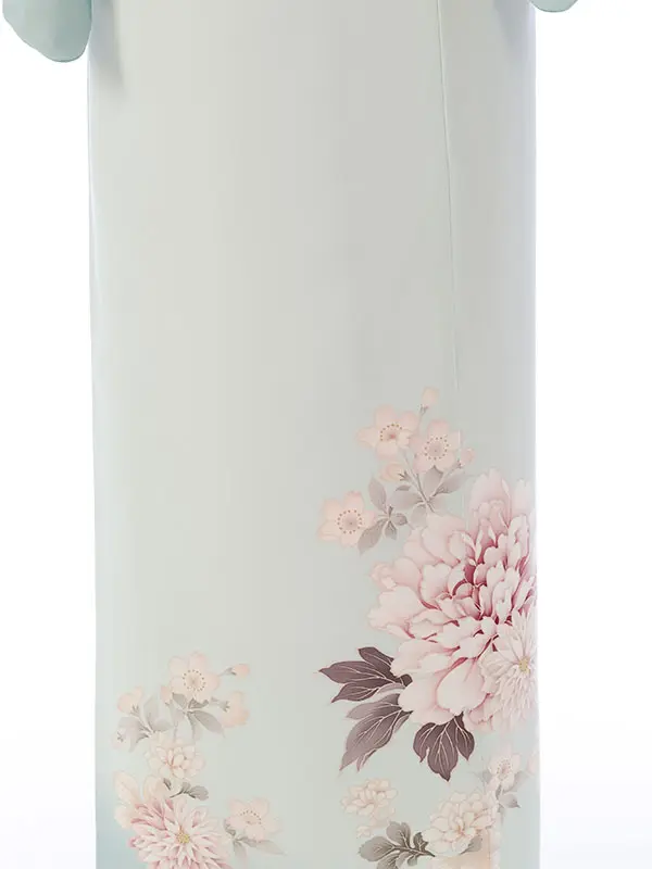 訪問着 HAD2878 くすみ水色ぼかし 牡丹 桜菊