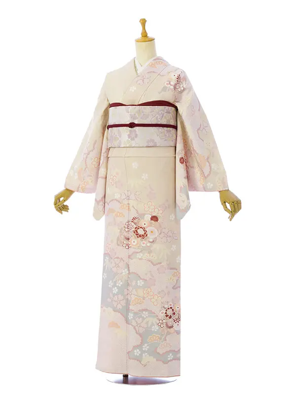 訪問着 HAD2885 ｸﾘｰﾑﾍﾞｰｼﾞｭ 雲取り四季草花