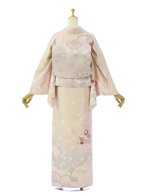 訪問着 HAD2885 ｸﾘｰﾑﾍﾞｰｼﾞｭ 雲取り四季草花