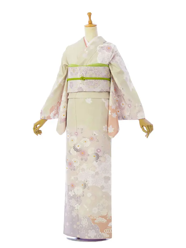 訪問着 HAD2888 くすみﾍﾞｰｼﾞｭ薄ｸﾞﾘｰﾝぼかし 四季花