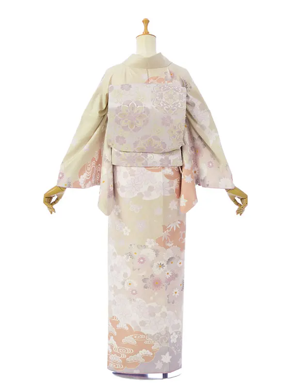 訪問着 HAD2888 くすみﾍﾞｰｼﾞｭ薄ｸﾞﾘｰﾝぼかし 四季花