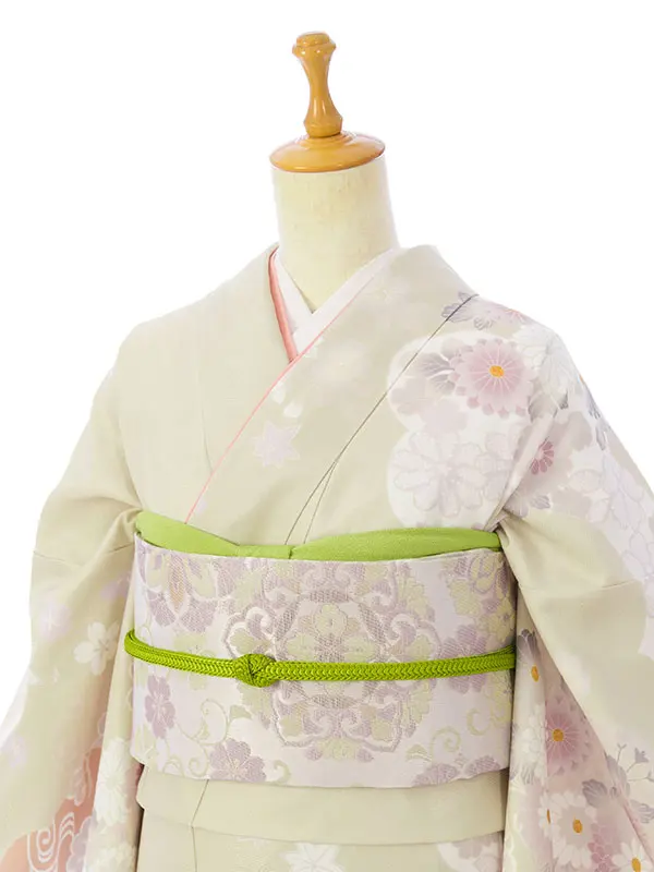 訪問着 HAD2888 くすみﾍﾞｰｼﾞｭ薄ｸﾞﾘｰﾝぼかし 四季花
