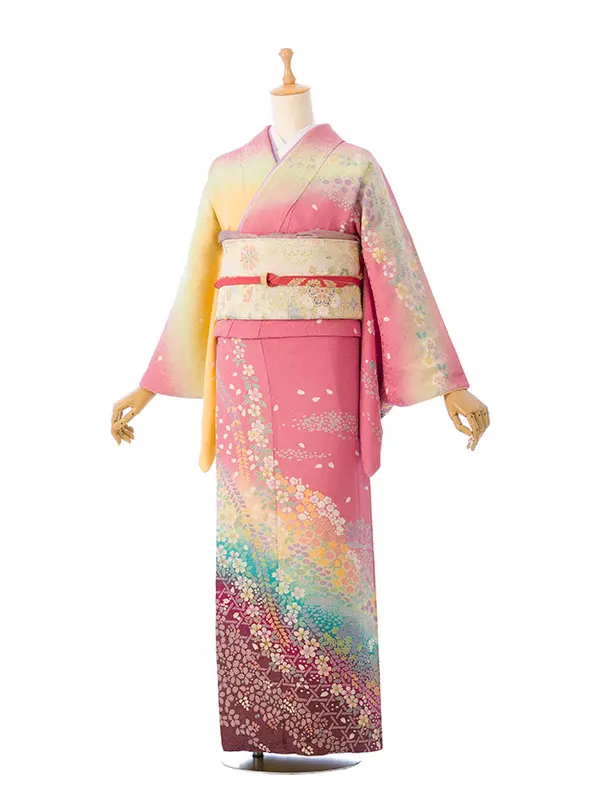 訪問着 HADN056 正絹 ﾋﾟﾝｸ/黄色ぼかし 小花文様