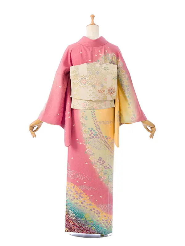 訪問着 HADN056 正絹 ﾋﾟﾝｸ/黄色ぼかし 小花文様