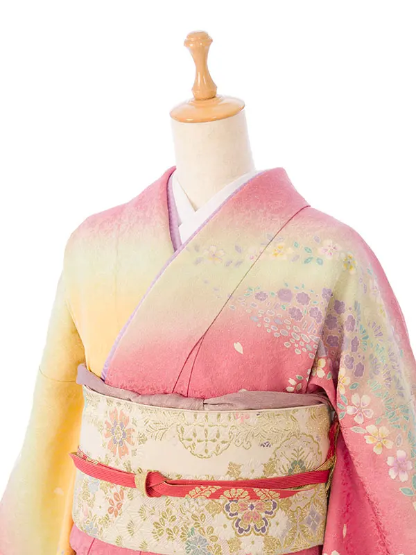 訪問着 HADN056 正絹 ﾋﾟﾝｸ/黄色ぼかし 小花文様