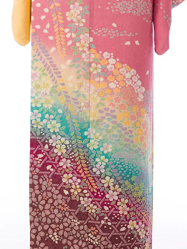 訪問着 HADN056 正絹 ﾋﾟﾝｸ/黄色ぼかし 小花文様