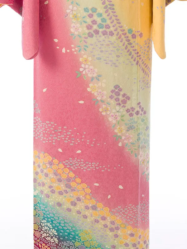 訪問着 HADN056 正絹 ﾋﾟﾝｸ/黄色ぼかし 小花文様